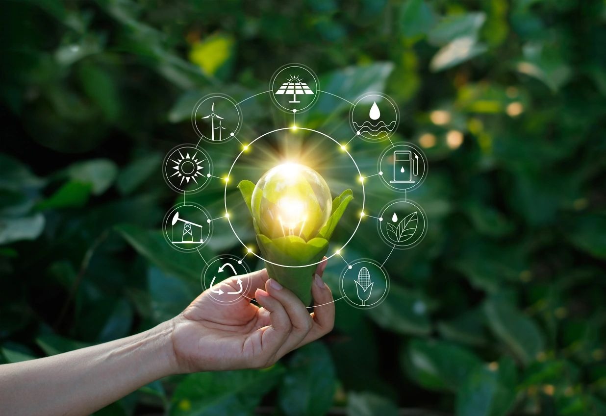 Hand holding light bulb against nature on green leaf with icons energy sources